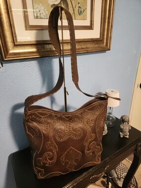 Women's Brown Tooled Leather Hobo Shoulder Bag